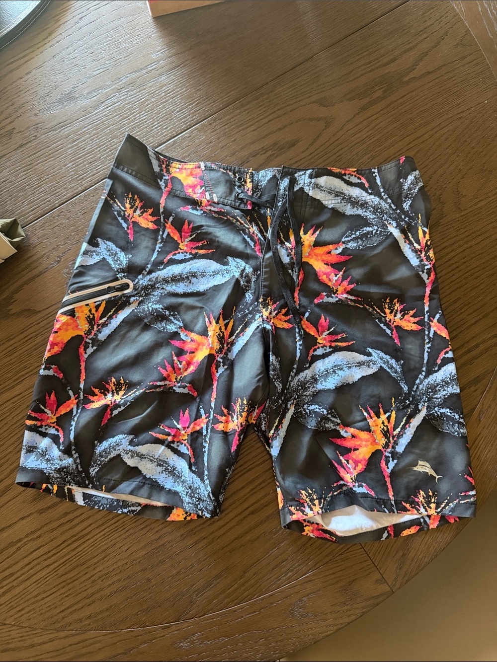 Tommy Bahama Black Floral Swim Trunks with Orange & Pink Accents
